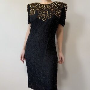 Vintage 100% Silk Beaded Sequin Dress 80s 1980s Gold New Years Vegas